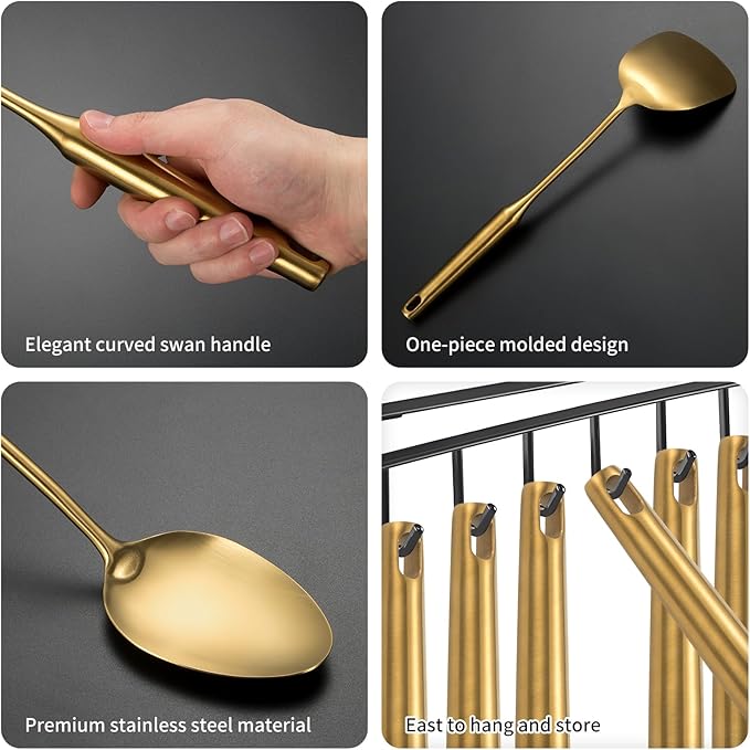 304 Stainlss Steel Matte Kitchen Utensils Set, 11 Pcs Long Metal Cooking Utensil Gadgets Tools Set with Spatula, Spoon, Ladle, Skimmer, Tunner, Pasta Server, Tongs(Gold, Dishwasher Safe)-Ruum Studio Home