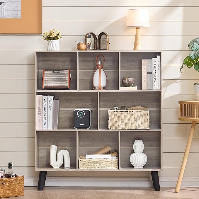 LEYAOYAO 8 Cube Bookshelf,3 Tier Bookcase with Legs,Modern Grey Mid-Century Bookshelves,Large Farmhouse Open Storage Organizer Shelf, Retro Wooden Display Book Case for Bedroom,Living Room,Office-Ruum Studio Home