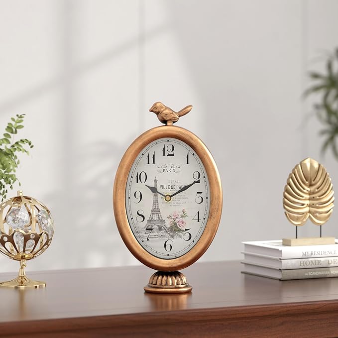 Vintage Table Clock with Bird, Desk and Shelf Decor Clock, French Paris Style, Antique Gold Metal Mantel Clocks for Living Room, Farmhouse, Bedroom, Bedside, Gift (10" H x 5.9" W)-Ruum Studio Home