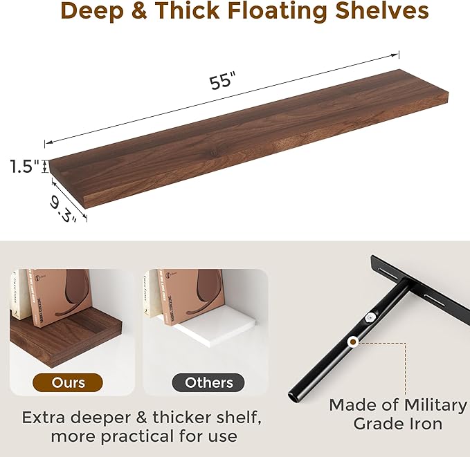 55 Inch Floating Shelves Set of 2, Rustic 55 x 9 Floating Shelf for Wall, 9 Inch Deep Wall Shelves Invisible Bracket, Large Deep Shelving for Bedroom, Kicten, Living Room, Walnut Color-Ruum Studio Home