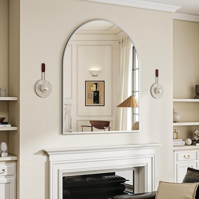 BEAUTYPEAK 32"x42" Arch Bathroom Mirror, Wall Mounted Vanity Metal Frame Mirror for Bedroom, Entryway, Living Room, Silver-Ruum Studio Home