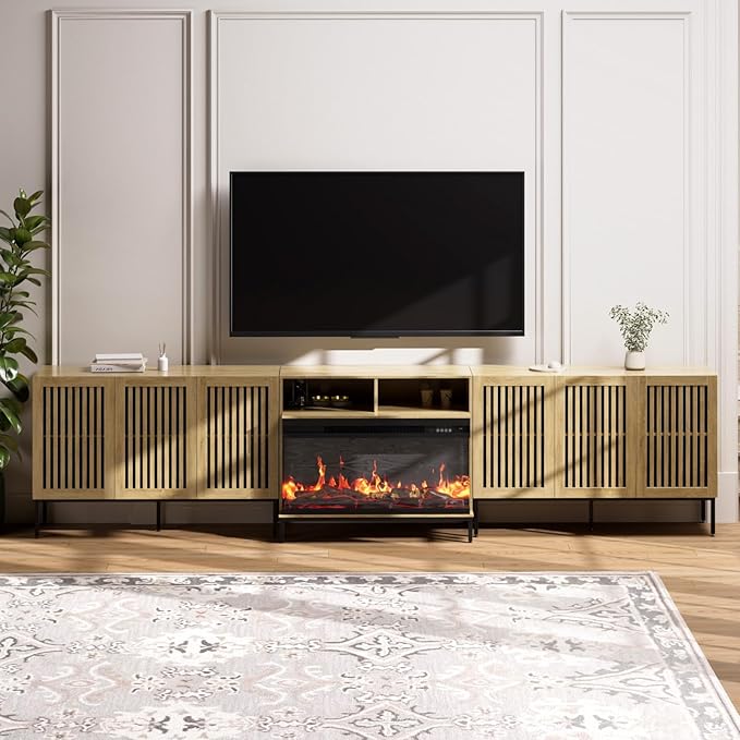 3-Sided Glass Farmhouse Fireplace TV Stand for TVs Up to 110 Inch, Oak Entertainment Center with 36" Electric Fireplace, TV Console with Storage Cabinets for Living Room-Ruum Studio Home