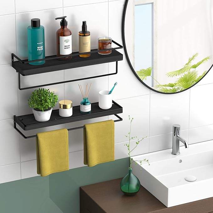 Meangood Floating Shelves Wall Mounted Set of 2, Wall Shelf with Towel Bar Rustic Wood Wall Storage Shelves for Bedroom,Living Room,Bathroom, Kitchen Black-Ruum Studio Home