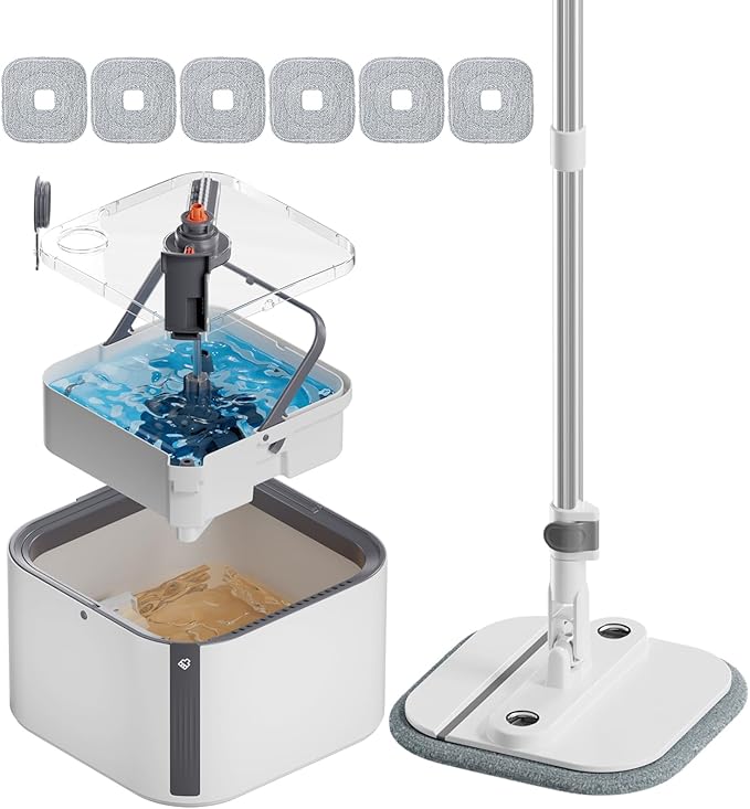 Upgraded Self-Standing Spin Mop and Bucket System, Detachable Inner Mop Bucket That Separates Dirty Water & 90° Foldable Head, Triple-Scrubbing System, for Hardwood Floors - White with 6 Pads-Ruum Studio Home