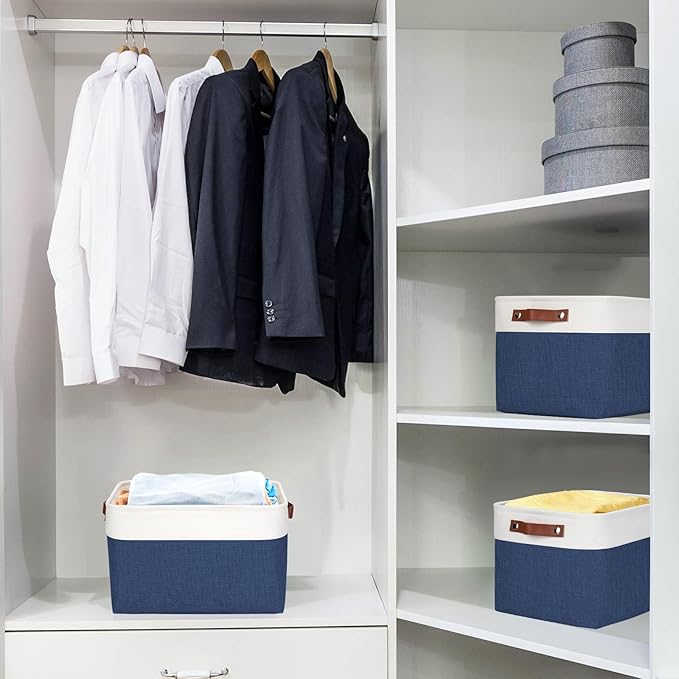 Storage Bins Large Fabric Storage Baskets for Shelves 3 Pack, Decorative Linen Closet Baskets with Handles for Organizing, Shelf, Clothes, Home, Office, 15x11x9.5Inches (NavyBlue&White)-Ruum Studio Home