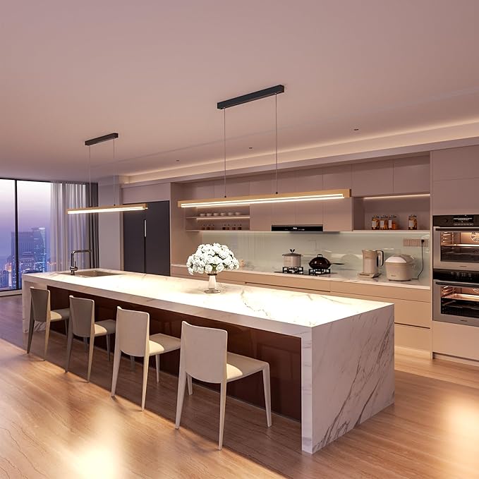 54" Linear Pendant Light Aluminum, 40W Gold Dimmable Kitchen Island Lighting with Remote & App Control, Adjustable CCT (3000K-6000K), Modern Chandelier for Home Office Dining Room Study-Ruum Studio Home