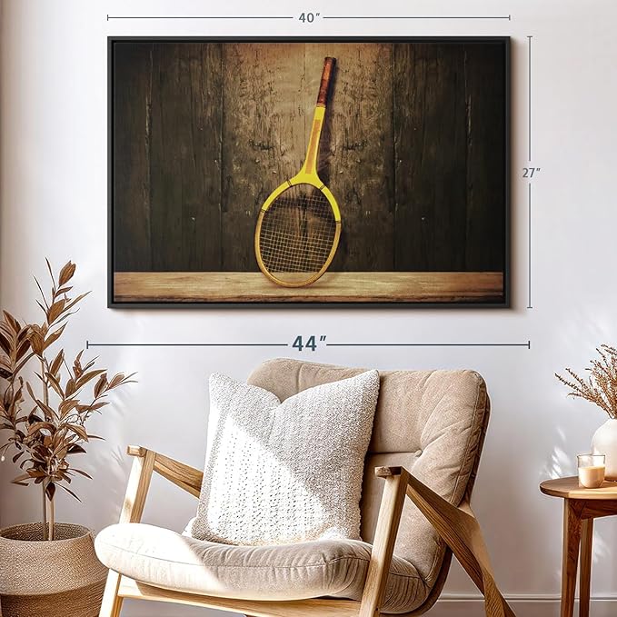 ElephantStock Vintage Tennis Racket Wall Art - Horizontal Framed Canvas - 1-Piece Living Room Wall Decor - Photography Sports Canvas Print - Brown and Black Decor for Wall - 40" X 27"-Ruum Studio Home