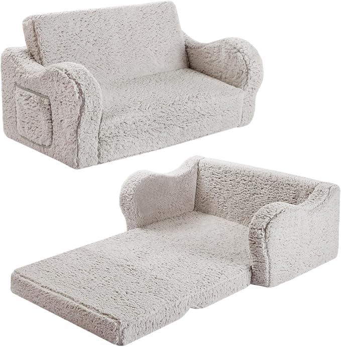 Kids Extra Wide Chairs for Toddler, 2-in-1 Toddler Soft Sherpa Couch Fold Out, Convertible Sofa to Lounger for Girls and Boys, Grey-Ruum Studio Home