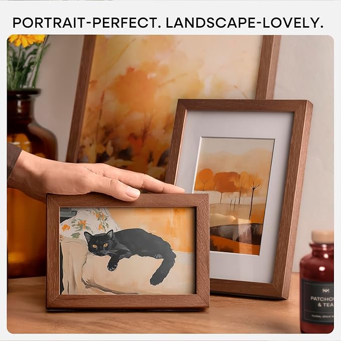 Homeforia 6x8 Picture Frame Brown Wood, High End Dark Oak 6x8 Walnut Wooden Frames with Mat 5x7 Photo, 6 x 8 Frame Matted to 5 x 7 Print, 8x6 Wall or Tabletop Frame, Tempered Glass, Wall Kit, Set of 1-Ruum Studio Home