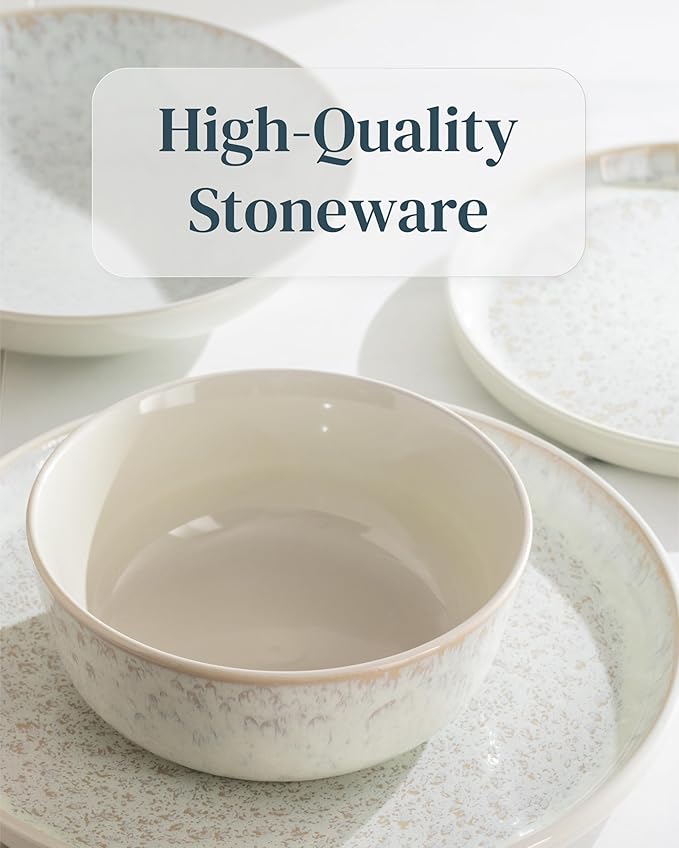Stoneware dinnerware set 8 persons 32 pcs - Mediterranean dinnerware set, dishwasher, microwave and scratch resistant - Bowl and plate set - Dinnerware Pure Living Light Beige…-Ruum Studio Home