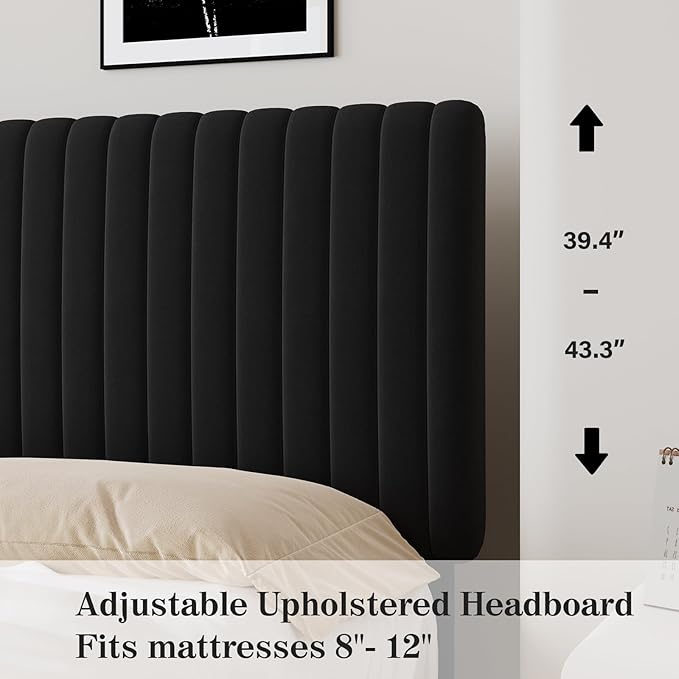 Queen Bed Frame, Velvet Upholstered Platform Bed with Vertical Channel Tufted Headboard, No Box Spring Required, Easy Assembly, Black-Ruum Studio Home