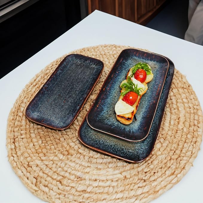 Porcelain Dinner Plates Platters Set of 2, for Fruit, dessert, snack platter, Bread, cupcake, Salad - Microwave, Dishwasher Safe, Scratch Resistant durable, Black Reactive glaze-Ruum Studio Home