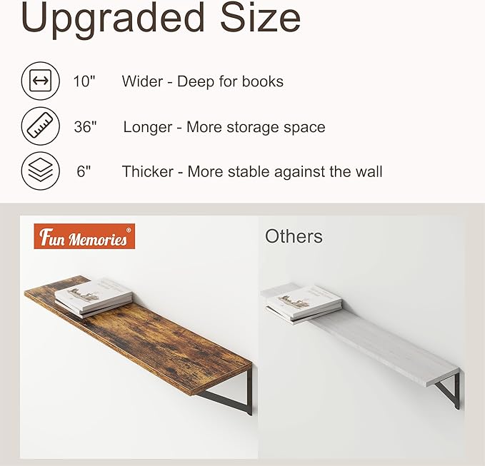 36"W x 10"D Floating Shelves, 10 Inch Deep Floating Shelves, Farmhouse Rustic Deep Wall Shelves for Home Decor, Wide Large Floating Shelf for Bathroom, Living Room, Kitchen, Study Room, Rustic Brown-Ruum Studio Home