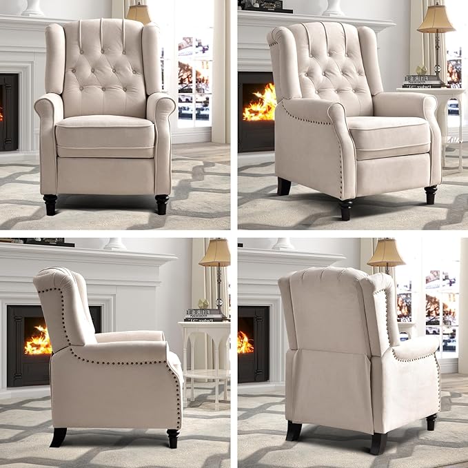 EBELLO Pushback Recliner Chair, Fabric Armchair Push Back Recliner with Rivet Decoration, Mid Century Wingback Accent Chair for Living Room, Bedroom, Beige-Ruum Studio Home