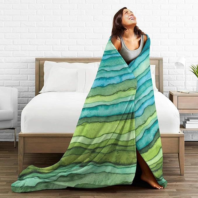 HGOD DESIGNS Watercolor Stripped Waves Blanket for Women, Lightweight Soft Fleece Flannel Throw Blanket Blue and Green Sofa Couch Living Room 40x50 Inch-Ruum Studio Home