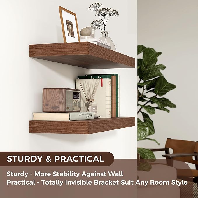 Floating Shelves - 2 Large Wall Mounted Shelves with Invisible Brackets, Long Wood Floating Wall Shelf for Living Room, Bedroom, Kitchen (Walnut, 24" W x 9" D x 1.5" H)-Ruum Studio Home
