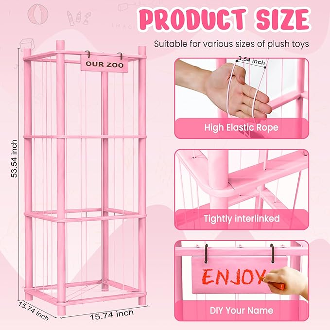 Stuffed Animal Storage & Organizer, Wooden Cute Zoo Toy Holder for Toddler Rooms, Playrooms & Bedrooms（Pink）-Ruum Studio Home