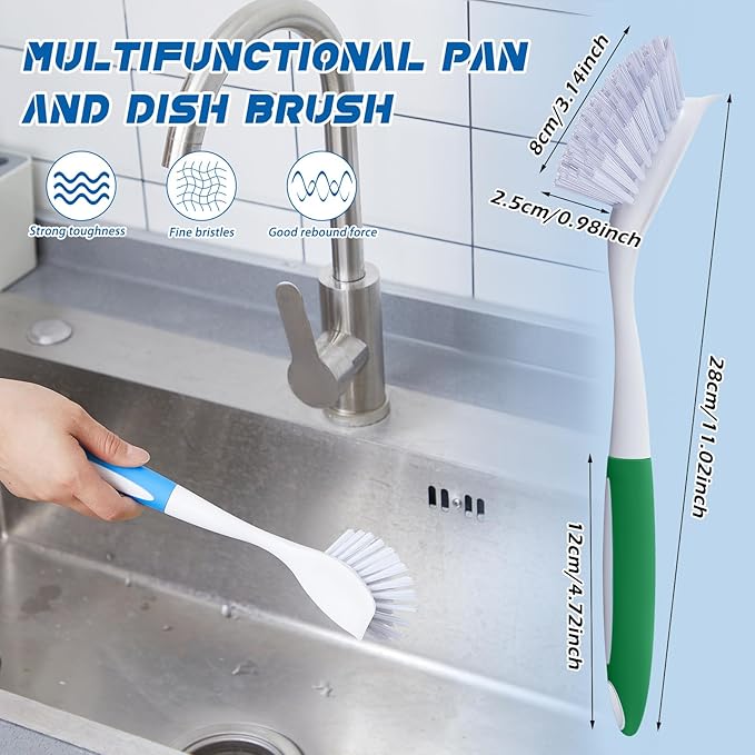 Hsei 6 Pcs Blue and Green Kitchen Scrub Dish Brush Bulk with 11 Inch Anti Slip Handle Cleaning Dish Scrubber with Stiff Bristles Washing Scrub Brushes for Housekeeping for Pots and Pans, Kitchen Sink-Ruum Studio Home