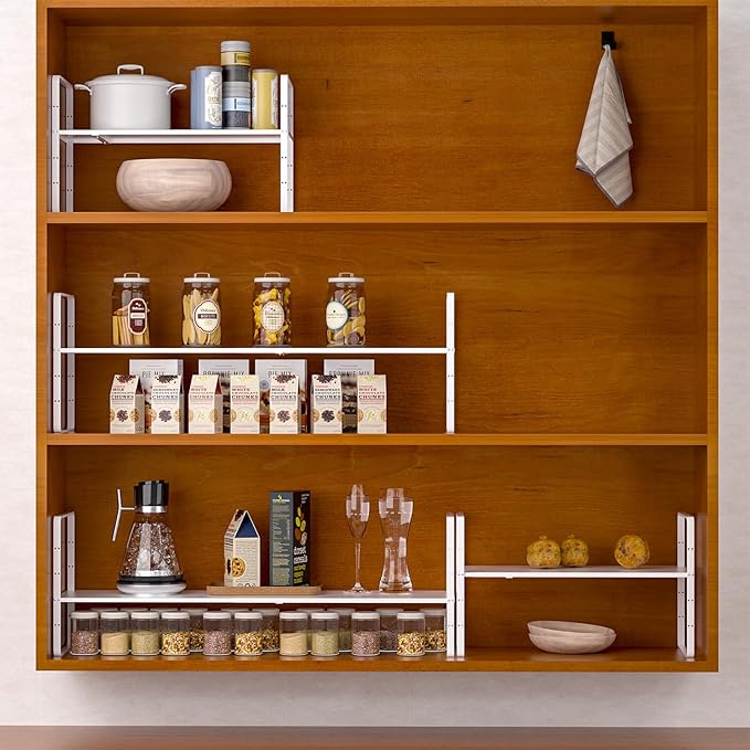 iPEGTOP Expandable Cabinet Storage Shelf Organizer Rack, 2 Pack Heavy Duty Steel Metal Spice Rack Adjustable Height Garage Pantry Shelf Space Riser for Counter Kitchen Organization, White-Ruum Studio Home