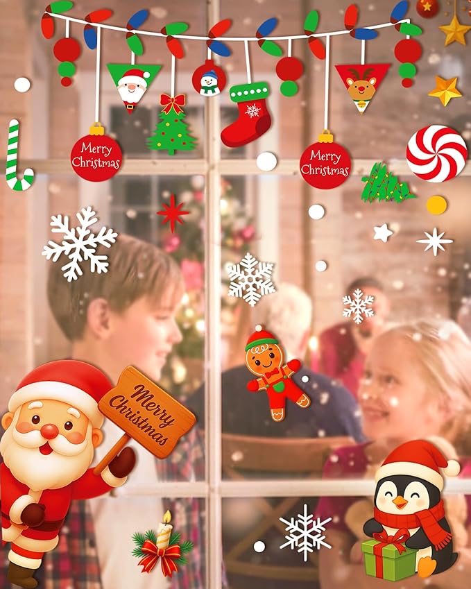 Christmas Window Clings - 9 Sheets 162 Pcs Cute Xmas Decorations for Winter Holiday Home Party Santa Reindeer Snowman Gingerbread Snowflake Stickers for Glass Double-Sided Static Window Decals-Ruum Studio Home