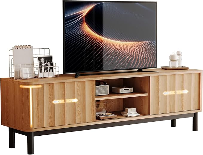 Brown Mid Century Modern TV Stand, Wood Fluted Living Room TV Stands with Storage Sliding Doors, Desert-Inspired Design MCM Entertainment Center for 55 60 65 70 75 55+ 60+ 65+ 70+ Inch-Ruum Studio Home
