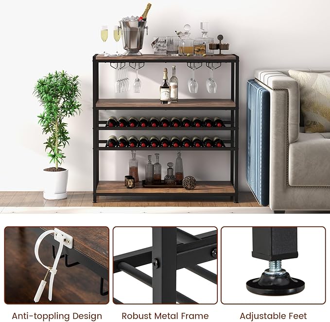GOFLAME Industrial Wine Rack Table, Wine Bar Cabinet with 2-Tier Wine Rack, 4 Row Glass Holder and Storage Shelves, Freestanding Floor Liquor Storage Stand for Kitchen, Dining Room, Rustic Brown-Ruum Studio Home