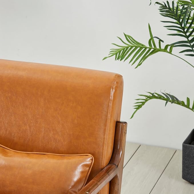 Glitzhome 2 Set Mid Century Yellowish Brown Accent Armchair, Single Reading Armchair PU Leather Lounge Chair with Walnut Ruberwood Frame-Ruum Studio Home