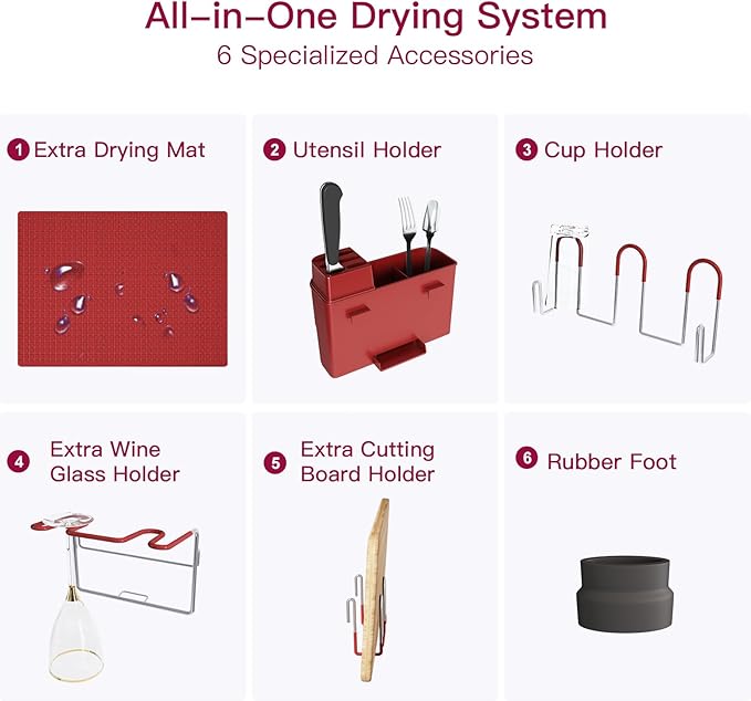BOOSINY 2 Tier Red Large Stainless Steel Dish Drainers Drying Rack for Kitchen Counter with Drainboard, Rust Proof Metal, Space Saving, Modern Aesthetic, Compact Plates Strainers with Extra Mat-Ruum Studio Home
