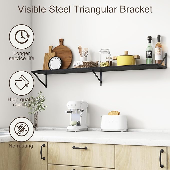 Floating Shelves 55 Inch Long, 10" Deep Floating Shelves, Black Wall Shelves 55 x 10, Set of 2, Wide Large Display Storage Shelves for Bathroom, Living Room, Rustic Wood Shelves with Brackets-Ruum Studio Home