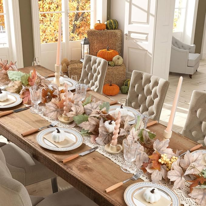 Lvydec 2 Pack Fall Maple Garland - 5.9ft/Piece Artificial Fall Foliage Garland Colorful Autumn Decor for Home Wedding Party (White&Green)-Ruum Studio Home