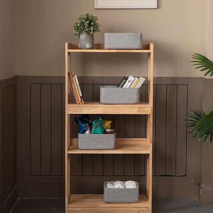 4 Pack Small Storage Shelf Baskets for Organizing, Mini Woven Rope Storage Bins for Towels, Cute Decorative Closet Organizer，Baby Nursery, Gift Empty Baskets -11.81''Lx7.87''Wx4.72''H-Grey-Ruum Studio Home