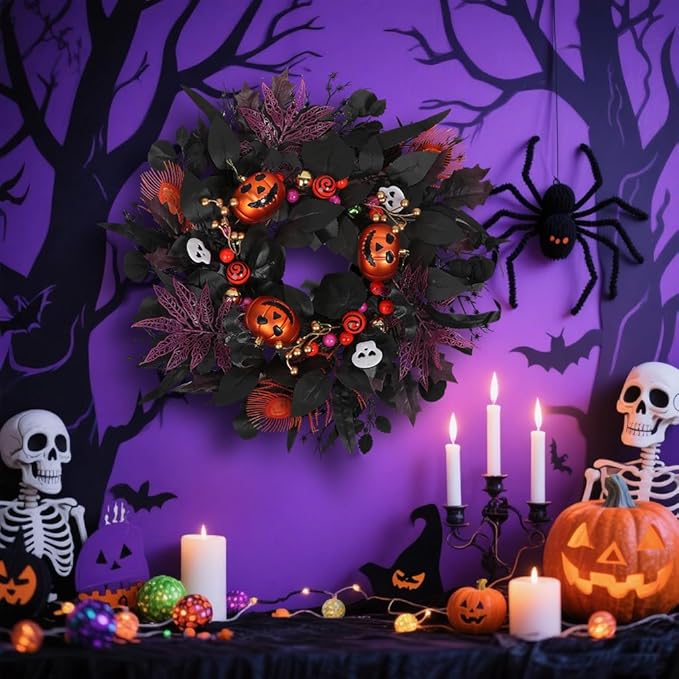 24" Glitter Halloween Wreath Outdoor - Sparkly Balls, Skulls, Bat, Skeleton, Pumpkin on Black Twig | Front Door Outside Goth Decor for Spooky Night-Ruum Studio Home