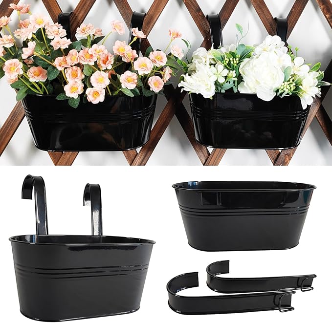 2 Pack Metal Hanging Planter for Outdoor Plants, 10 Inch Black Fence Planters Railing Pots for Garden Patio Balcony Decor, Flower Bucket with Detachable Hooks (Black, 2Pcs)-Ruum Studio Home