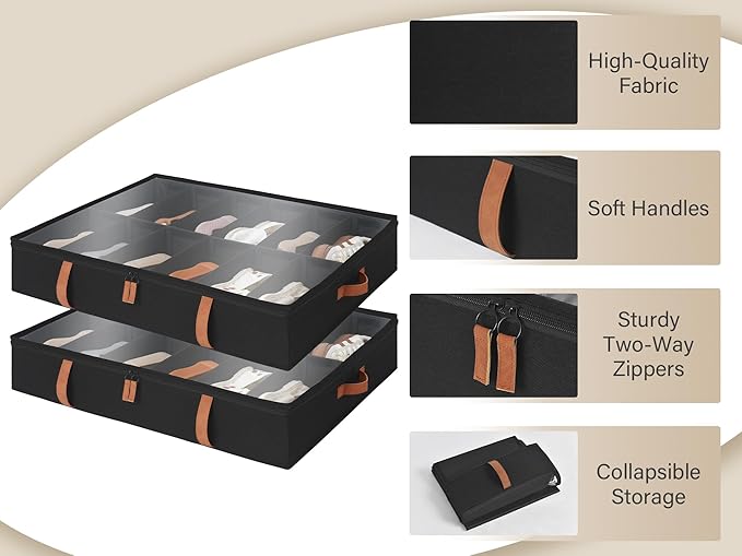 StorageWorks Shoe Organizer Under Bed for Closet, 2-Pack Ultra-thick Fabric Shoe Storage Containers with Bottom Support and Adjustable Dividers, Fits up to 24 Pairs, Black-Ruum Studio Home