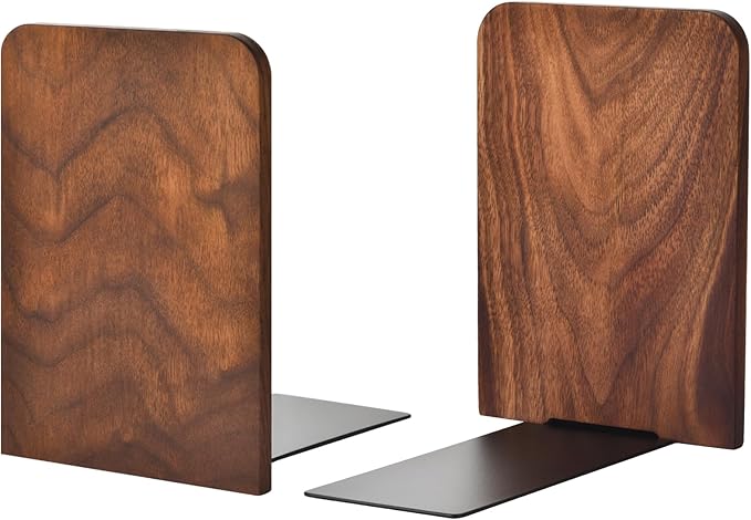 Book Ends, Black Walnut Wooden Bookends for Shelves - Heavy Duty Non-Slip Book Organizers, Upgraded Large Decorative Bookend Holders for Home, Kitchen, Office, Set of 2, Large-Ruum Studio Home