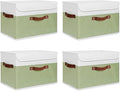 ANMINY 4PCS Storage Boxes with Lid Washable Decorative Storage Bins Basket with PU Leather Handle Foldable Linen Fabric Storage Cubes Containers for Home Closet Organizer - Green White, Large Size-Ruum Studio Home