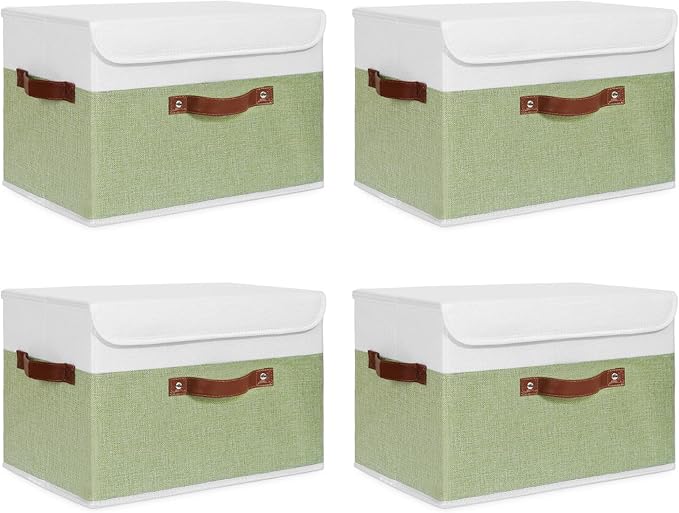 ANMINY 4PCS Storage Boxes with Lid Washable Decorative Storage Bins Basket with PU Leather Handle Foldable Linen Fabric Storage Cubes Containers for Home Closet Organizer - Green White, Large Size-Ruum Studio Home
