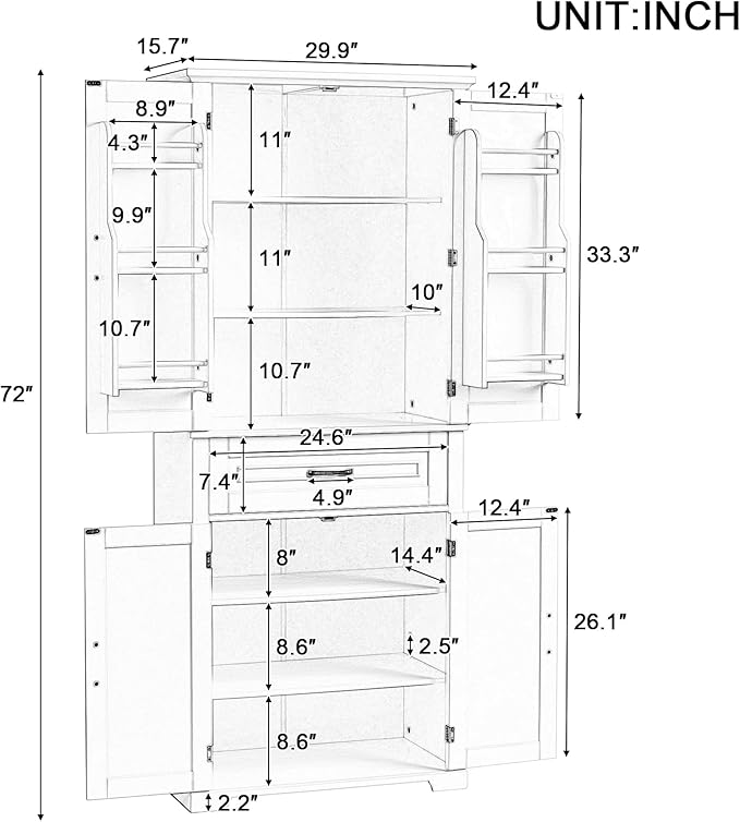 72.2" Tall Storage Cabinet with 4 Doors and Drawer, Freestanding Linen Cabinet, Wooden Pantry with Adjustable Shelf for Kitchen, Bathroom, Living Room White-Ruum Studio Home