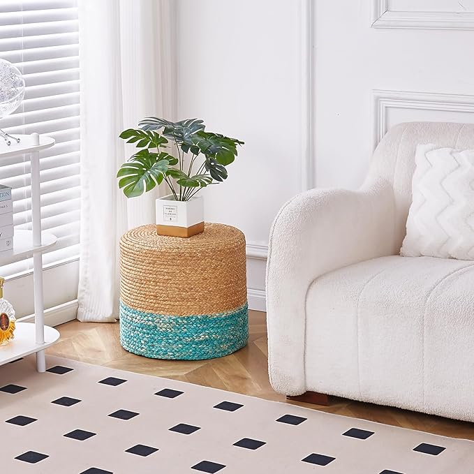 Wimarsbon 18'' Ottoman Pouf, Natural Braided Poof, Rustic Handweave Lounge Pouffe, Boho Footrest Stool for Bedroom, Accent Table for Living Room (Natural Water Hyacinth + Lake Blue Corn Husk)-Ruum Studio Home