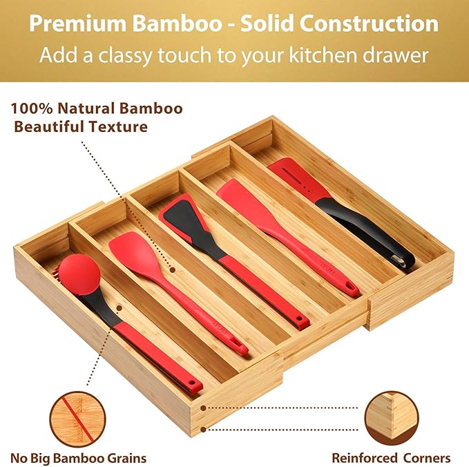 Umilife Expandable Kitchen Drawer Organizer, 2.5" High Bamboo Utensils Silverware Tray, Adjustable Large Deep Wood Organization Holder-Ruum Studio Home