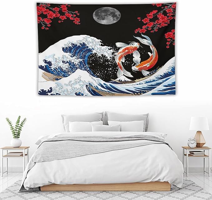 Houselerax Japanese Koi Fish Tapestry, Yin Yang Big Wave Red Cherry Blossom Tapestries Wall Hanging for Bedroom Living Room Office Decor 90"x60"-Ruum Studio Home