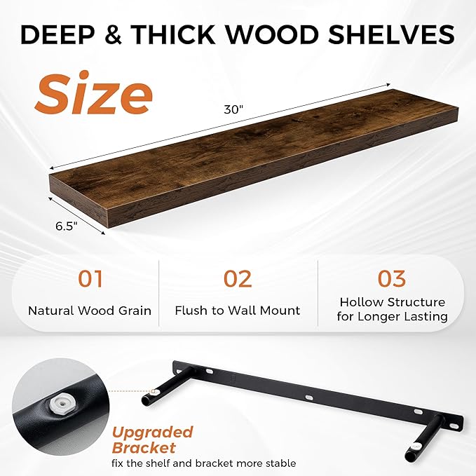 Fun Memories Floating Shelves for Wall, 30" Rustic Wood Deep Wall Mounted Shelves with Invisible Brackets for Decor & Storage, Floating Shelf for Living Room, Bathroom (Rustic Brown, Set of 2)-Ruum Studio Home