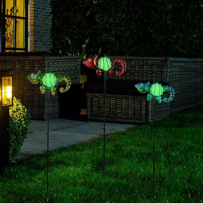 3 Pack Garden Stakes Decorative,Cute Chameleons Glow in The Dark Metal Garden Decor,Waterproof Metal Yard Art Decor for Outside,Funny Present for Mom Women Grandma-Ruum Studio Home