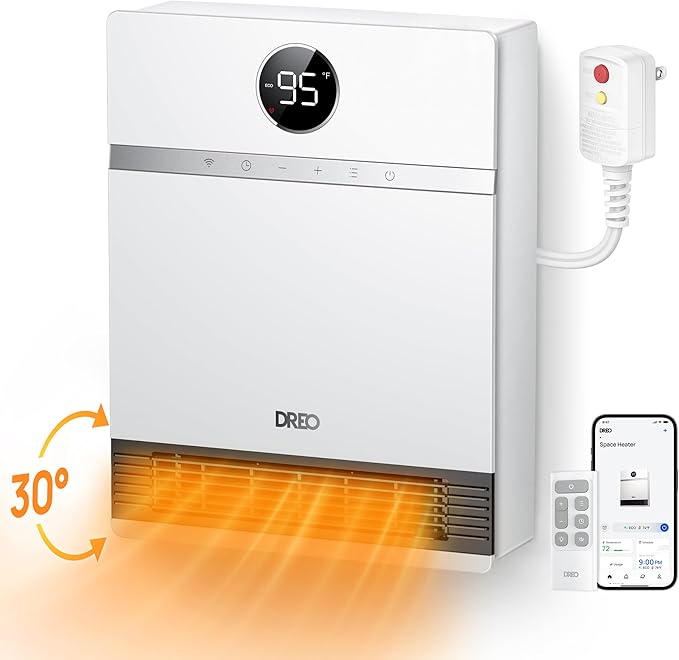 Dreo Smart Wall Heater, IP24 Electric Space Heater with ALCI Plug for Indoor Use, 30° Oscillation, Adjustable Thermostat, Remote Control, Works with Alexa, 24H Timer, Easy-mounted Heater for Bathroom-Ruum Studio Home