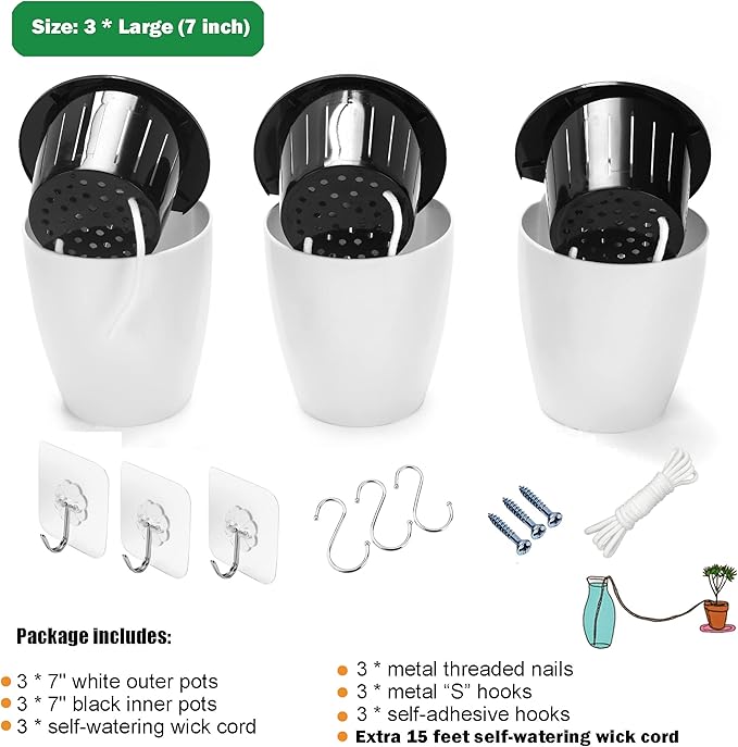3 Pack Self Watering Wall Hanging Planter Pots Vertical Garden Window Hang Mount Indoor Outdoor Plant Flower Basket for Kitchen Herbs Balcony Railing Shelf Fence Bedroom Trellis Decor Modern White Box-Ruum Studio Home