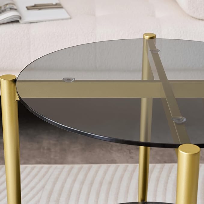 Round Glass End Table, Mid-Century Modern Design Sofa Table for Living Room, D18 x H23 in, 2-Tier Structure, Grey Glass Top and Black Marble Shelf, Sleek Conical Legs with Gold Finish Frame-Ruum Studio Home