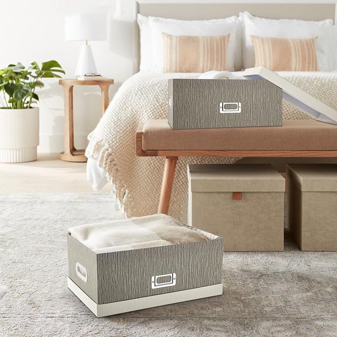 Briful Set of 2 Decorative Storage Boxes with Lids – Gray & White Nesting Organizer Bins, 14'' + 13'' Set Rectangular Fabric Covered Cardboard Boxes for Office, Closet, or Home Decor-Ruum Studio Home