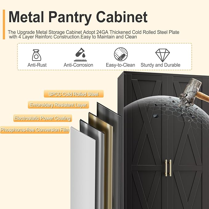 75" Tall Metal Kitchen Pantry Storage Cabinet, Freestanding Cupboard with 2 Doors and 5 Adjustable Shelves, Standing Storage for Kitchen, Bathroom, Garage, Dinning Room or Utility Room（Black）-Ruum Studio Home