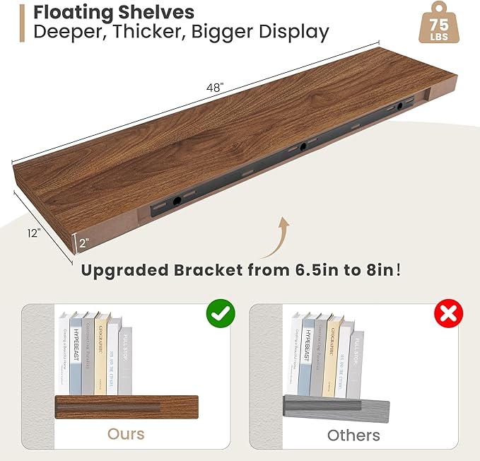 Heimlove 12 Inch Deep Floating Shelves, 48 x 12 inches Long Wall Shelf, Large Display Shelf & Storage Shelf, Rustic Wood Wall Shelves for Fireplace Mantel, Set of 2(Walnut)-Ruum Studio Home