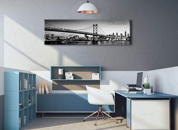 DJSYLIFE- Philadelphia Skyline Wall Art,Black and White Stretched Canvas Wall Art Prints for Bedroom or Office Decoration, Ready to Hang 13.8"x47.3"-Ruum Studio Home